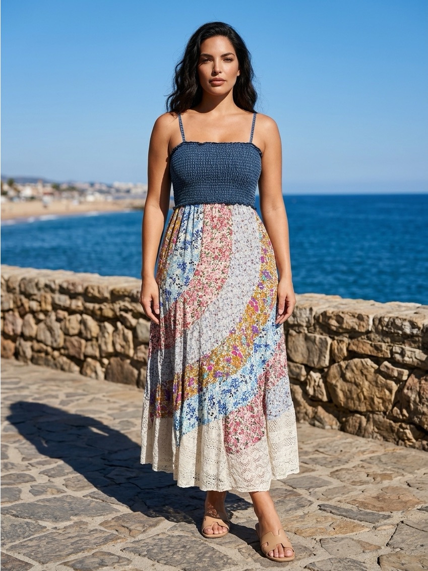 New Young Threads Smocked Navy Bodice Floral Maxi Dress